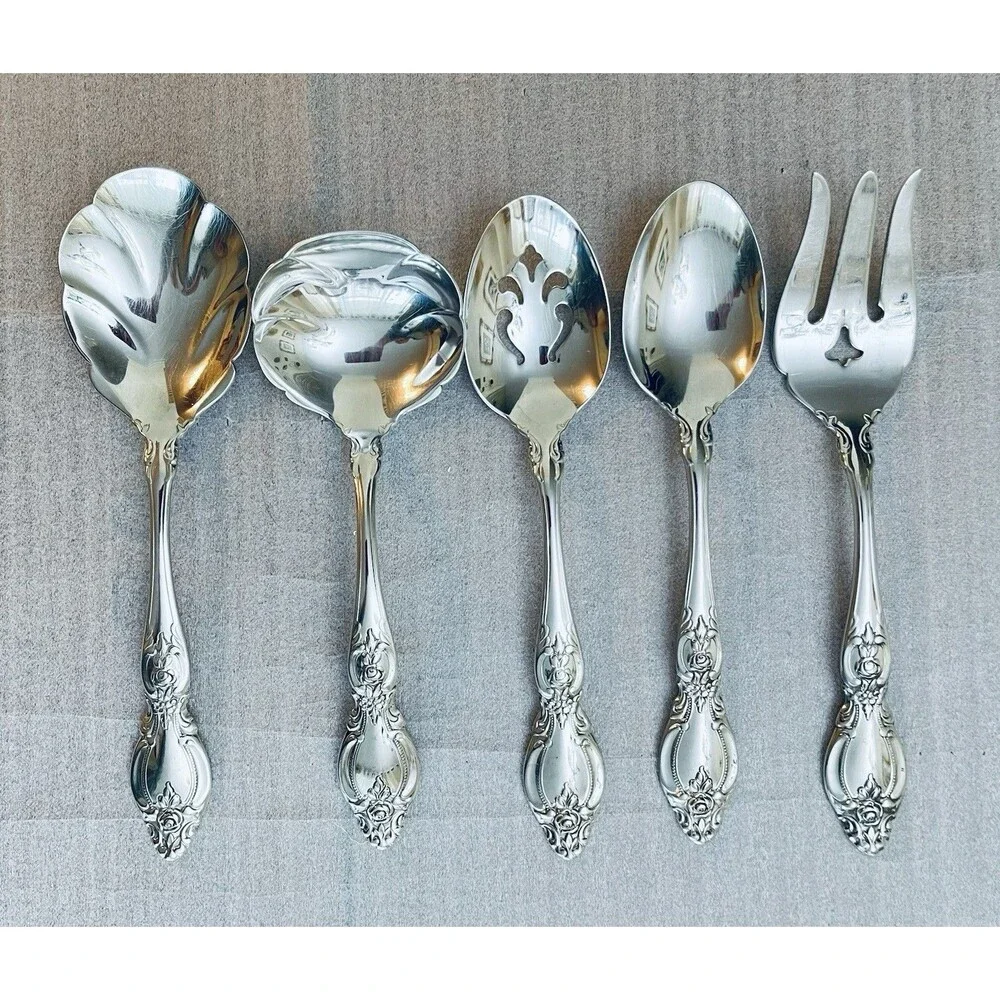 Oneida Stainless Hostess Serving Set 5 Pc Raised Rose Floral Pattern